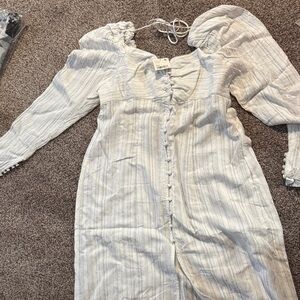 Free People Pale Blue Striped Puff-Sleeve Midi Dress